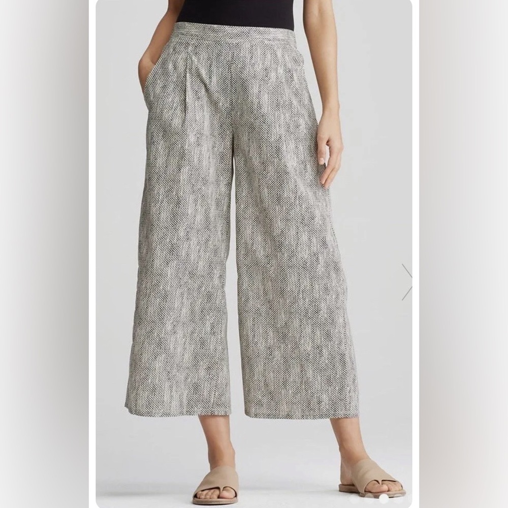 RARE Eileen Fisher 100% Organic Cotton Chainette Printed Wide Leg Crop P…